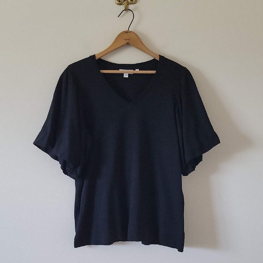 Chico's Black‎ Cotton Slub Knit Bubble Flutter Sleeve Vneck Tee Size Large